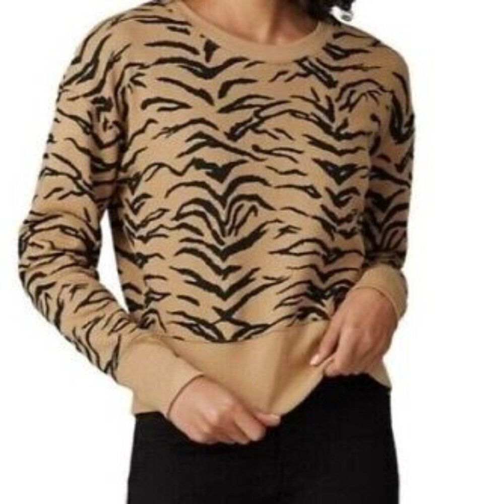 Madewell Top Crop Crewneck Pullover Brown Black Sweatshirt Tiger Stripe Sz S